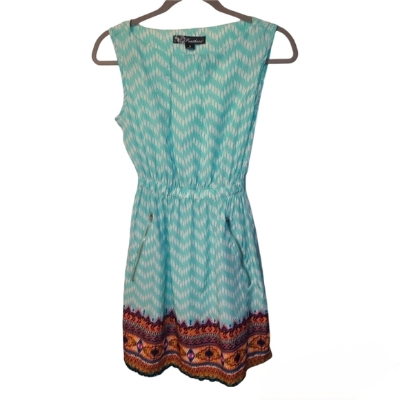 Feathers Aztec Print Sleeveless Mini Dress w/ Zipper Pockets, Blue White, Small - Picture 1 of 15